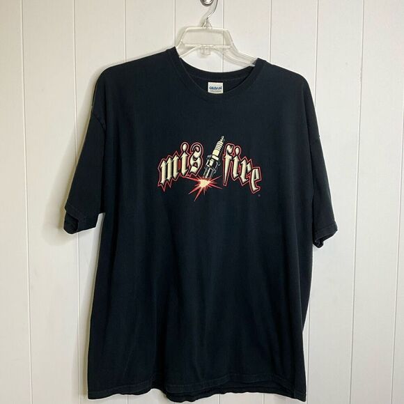 Vintage Y2K Gildan Men's 2XL Black Misfire Engine Old Car Short Sleeve T-Shirt - Picture 1 of 7